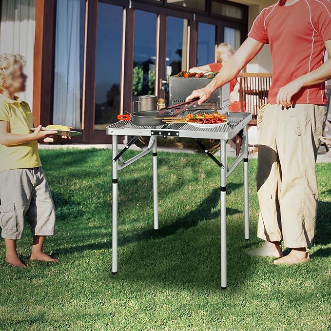 REDCAMP 24" Square Folding Grill Table for Outside, Lightweight Portable Metal Aluminum Outdoor Grill Table with Adjustable Height Legs, Great for Camping Picnic Cooking BBQ, Silver 2ft
