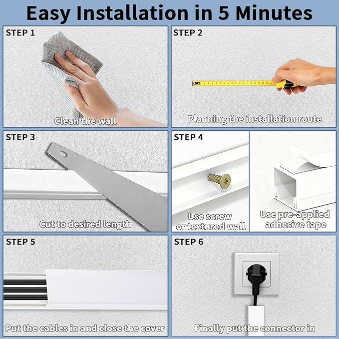 236in Cord Hider Kit, Cord Covers for Wires on Wall, Long, Large, Cord Hider for Wall Mount tv, Paintable Cable Raceway, tv Cable Hider Wall kit, Wire Covers for Cords,6X(L39.4in W0.95in H0.5in) White