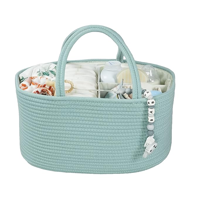 Large Baby Diaper Caddy Organizer for Girl Boy Rope Nursery Storage Bin Basket Portable Holder Tote Bag for Changing Table Car Travel Baby Shower Gifts Newborn Essentials Registry Must Have Green