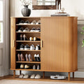 DHH Shoe Storage Cabinet with Sliding Door, 6-Tier Shoe Cabinet with Adjustable Shelves, Mid-Century Modern Freestanding Shoe Storage Organizer for Entryway, Hallway, Living Room (Wood, 47 ")