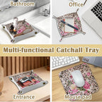 Leopard Print Gifts for Women Vintage Leopard Floral Jewelry Valet Tray, Cheetah Print Gifts PU Leather Catchall Beside Caddy Nightstand Organizer Tray for Rings Watches Keys, 7.87x7.87in