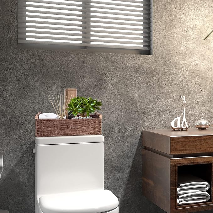 Round Paper Rope Storage Basket Wicker for Organizing with Handle, Decorative Bins Countertop Toilet Paper for Tank Top Small Set, Brown