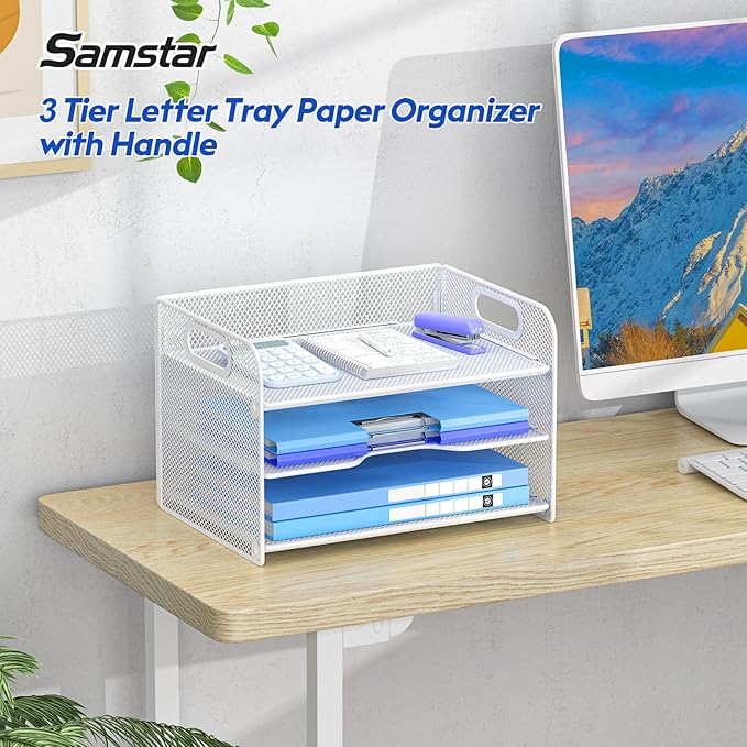 Samstar 3 Tier White Letter Tray Paper Organizer with Handle, Mesh Desk Organizer Paper Sorter File Rack Shelves, White