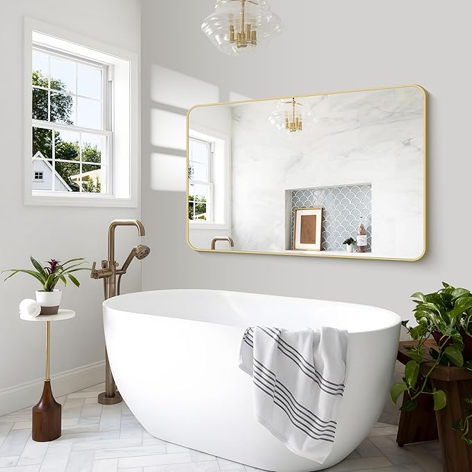 Gold Bathroom Mirror,55x36 inch Wall Mirror for Bathroom Wall Mounted,Round Rectangle Mirror for Bathroom Over Sink,Modern Frame for Home Decor Living Room,Bedroom Entryway,Horizontal/Vertical