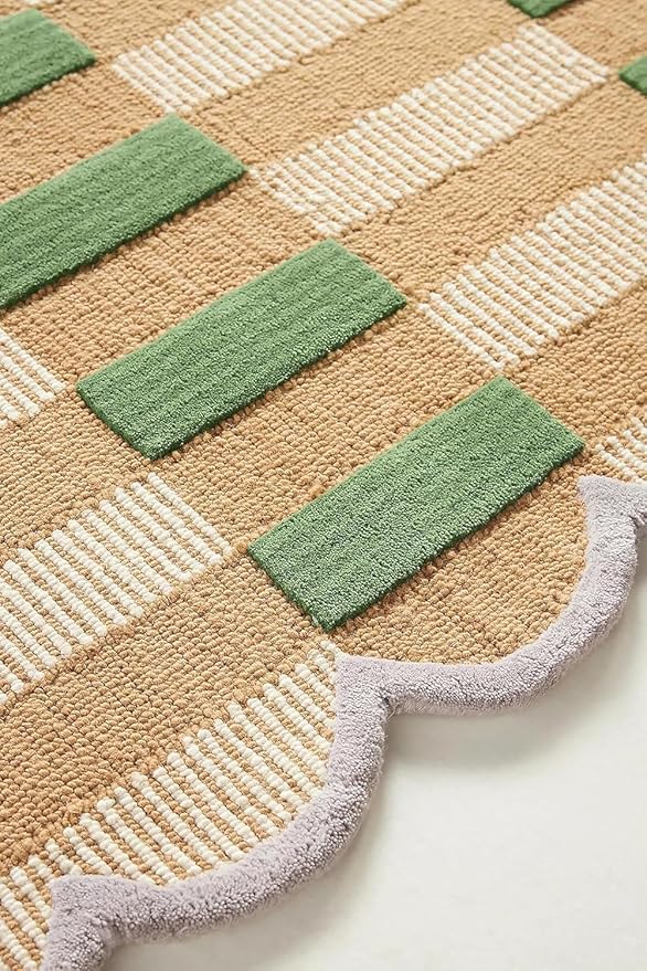 Hand-Tufted Wool Rug with Scalloped Edges, Light Blue Plaid Pattern, Cozy Soft Area Rug for Living Room, Bedroom, and Nursery, Handmade Modern Accent Rug (Green, 9X12 FEET)