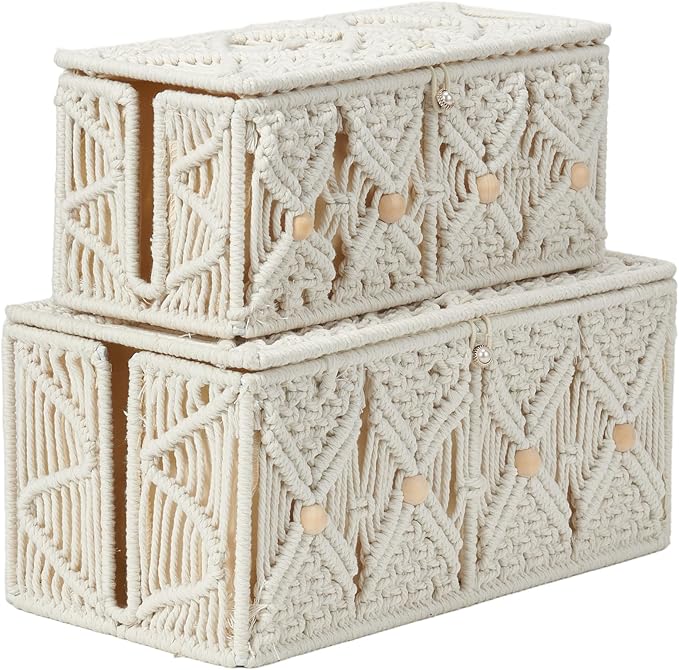 2PCS Cable Management Boxes Handmade Macrame Cord Storage Organizer Power Strips Outlet Router TV Wire Hider Cover Under Desk Natural Cotton Rope Woven Box with Lid (1 Large 1 Medium)