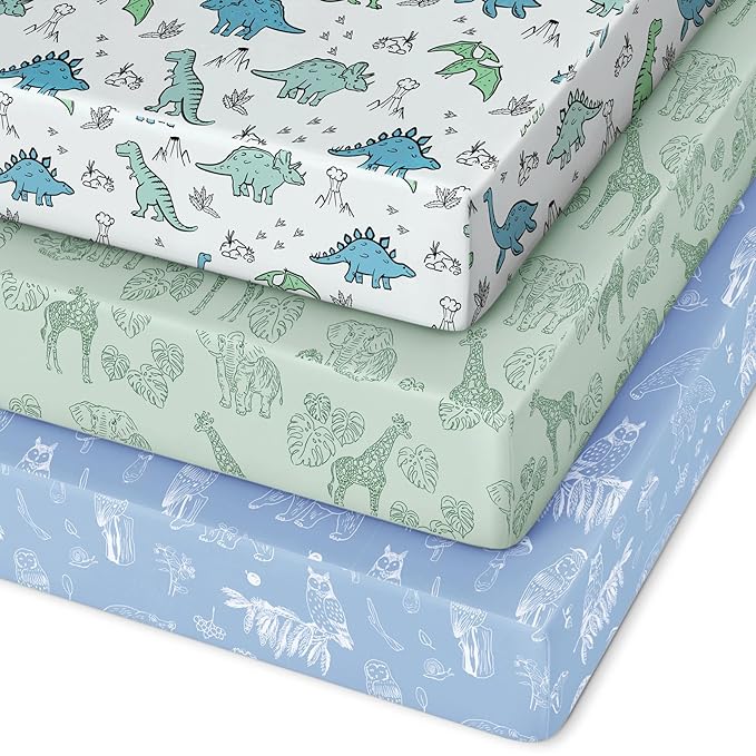 Pack and Play Sheets Fitted 3 Pack, Mini Crib Sheets for Pack N Play Mattress Stretchy Portable Playard Sheets, Soft Breathable Green & Blue Dinosaur