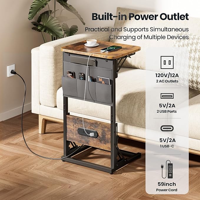 HLDIRECT C Shaped End Table with Charging Station, Couch Side Table with Storage Bag, Foldable TV Tray with 2 USB Ports and Outlets for Living Room, Bedroom, Rustic Brown