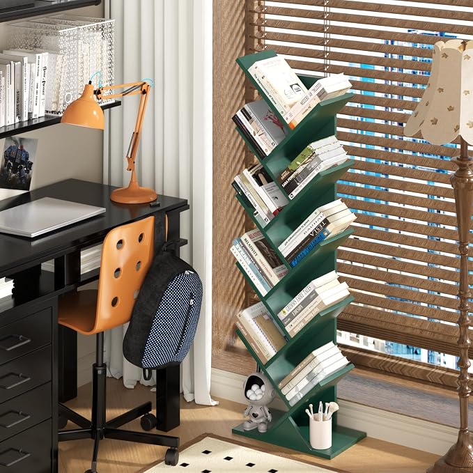 SHEEPAM 10 Tier Tree Book Shelf, Floor Standing Wood Bookshelf