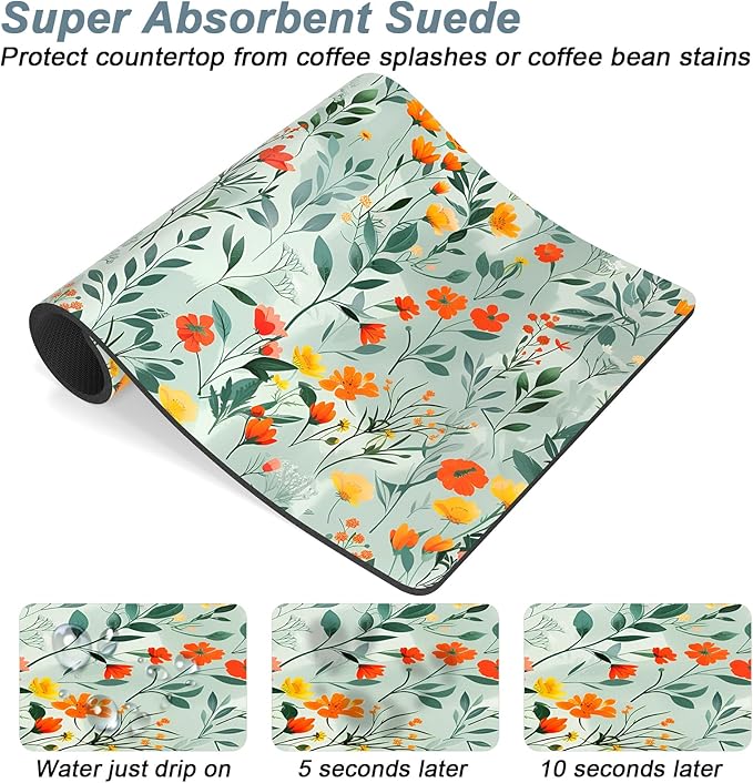 Rnivvi Coffee Mat, 12" x 19" Cute Coffee Bar Mats for Espresso Machine Station Accessories and Organizer, Hide Stain Rubber Backed Absorbent Dish Drying Pad for Kitchen Counter, Abstract Flowers