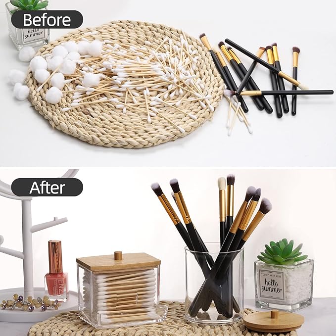 Tbestmax Qtips Holder Bathroom Container, 10/7 OZ Cotton Ball/Swabs Dispenser, Apothecary Jar Organizer for Storage Wood Lids