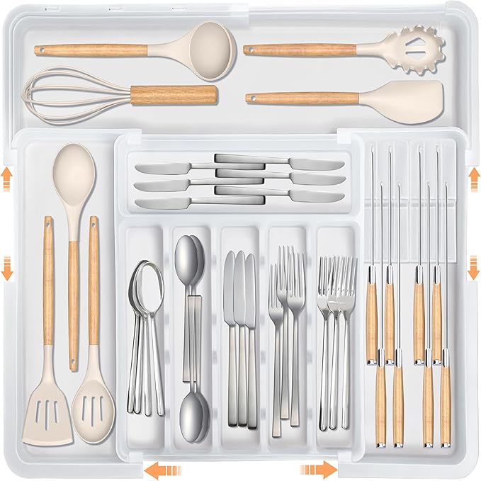Homecor Silverware Organizer for Kitchen Drawer, Expandable Utensil Drawer Organizer with 2 Knife Block, Flatware and Cutlery Holder, Adjustable Plastic Storage for Spoons Forks Knives
