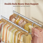 FAVOOSTY Clothes Rack for Hanging Clothes Double Rods, Rolling & Extending Clothing Rack with Wheels, Garment Coat Rack Freestanding, Portable Clothes Rack, Sliver