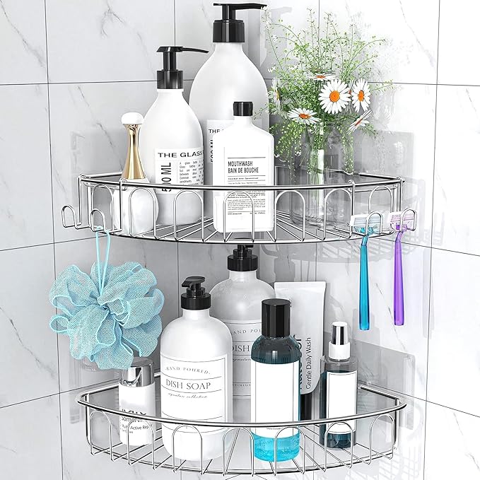 Orimade Corner Shower Caddy Stainless Steel with Hooks Wall Mounted Bathroom Shelf Storage Organizer Adhesive No Drilling 2 Pack, Silver Only for 90-Degree Corner