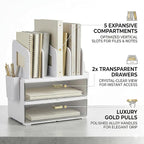 CiWiVOKi White Desk Organizer with 4 File Holder Slots, 2 Clear Drawers & Dual Pen Holders, Sturdy Multi-Functional Desktop Storage for Home Office, Mail Sorter & Caddy