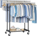 FAVOOSTY Clothes Rack for Hanging Clothes Double Rods, Rolling & Extending Clothing Rack with Wheels, Garment Coat Rack Freestanding, Portable Clothes Rack, Black