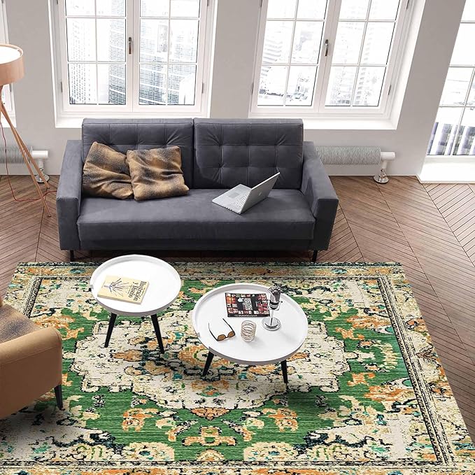 Bohemian Pattern Rectangular Area Rugs for Living Room Bedroom 3 x 5 ft Green & Orange Abstract Non-Shedding Soft Low Pile Rug Non Slip Washable Rug for Nursery Entryway Playroom