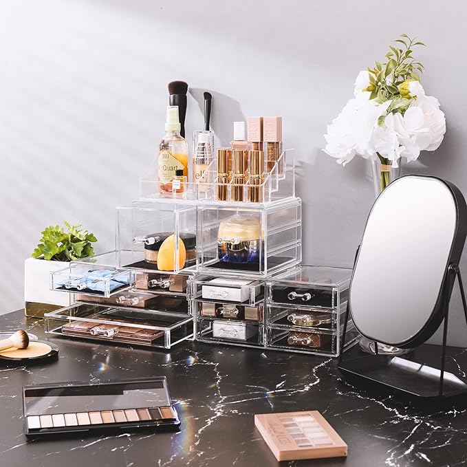 Sorbus Large Makeup Organizer - Clear Stackable Jewelry Makeup Organizer for Vanity, Bathroom Storage Display Case - 12 Drawers Cosmetic Beauty Organizers and Storage with Lipstick Makeup Brush Holder