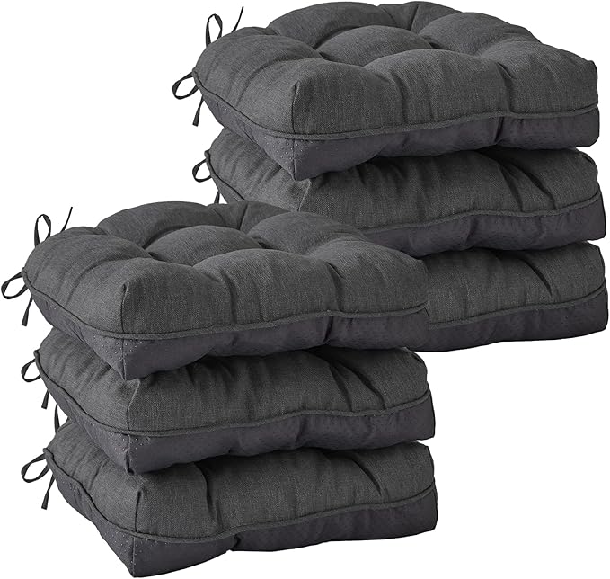 Chair Cushions for Dining Chairs, Seat Cushions for Kitchen Chairs, Indoor Seat Cushions with Ties, Tufted Foam Chair Pads, Non Slip Chair Cushions Set of 6, 15.5" x 15.5" x 4", Dark Grey