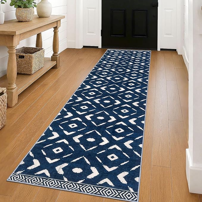 KILOCOCO Hallway Runner Rug 2'x8' Runners for Hallways Soft Washable Runner Rugs Non Slip Printed Low-Pile Runners for Bedroom Kitchen Living Room Laundry Room Boho Rugs, Blue