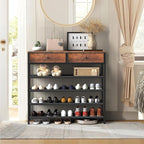 usikey Shoe Rack, 5 Tier Shoe Storage Organizer with 2 Drawers, Metal Shoe Shelf for 16-20 Pairs of Shoes, with 4 Oxford Fabric Shelves and Wooden Top, Shoe Stand for Closet, Rustic Brown UNYXJX009F