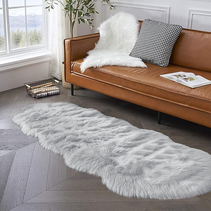 Latepis Grey Faux Sheepskin Fur 2x6 Runner Rugs High Pile Soft Plush Fuzzy Rug for Bedroom Bedside Shag Rug Fluffy Carpet for Living Room Home Décor