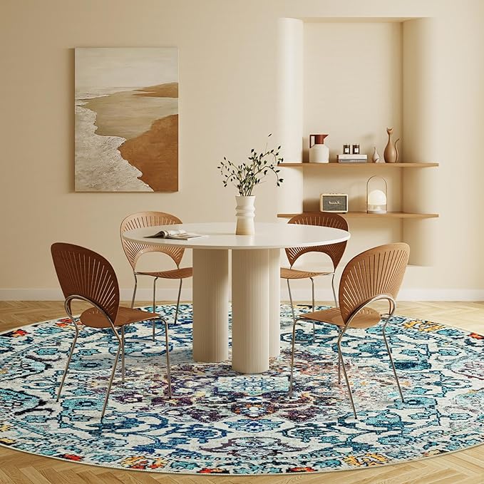 Easy-Going Round Rug 6ft Area Rug Washable Boho Circle Rugs for Living Room Non-Slip Bedroom Rug Low Pile Lightweight Medallion Distressed Throw Rug for Dining Room Kitchen Home Office, Vintage Multi