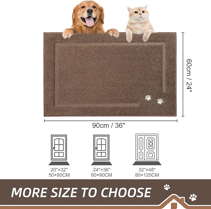 BEQHAUSE Dog Door Mat for Muddy Paws 24"x36" Dirt Trapper Absorbent Doormat Non Slip Entryway Rugs Washable Stain Resistant Welcome Floor Mat Soft Low-Profile for Front Back Door, Brown
