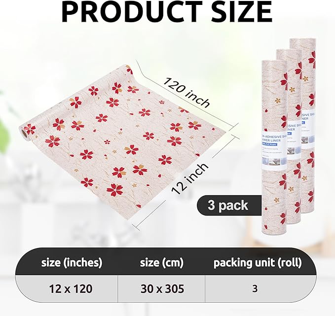 RAY STAR 12X120 Inch Shelf Liner for Kitchen Cabinets, Non-Adhesive Cabinet Liner Washable, PVC Drawer Liner for Dresser Non-Slip Bathroom (Red Floral)(3 Roll)
