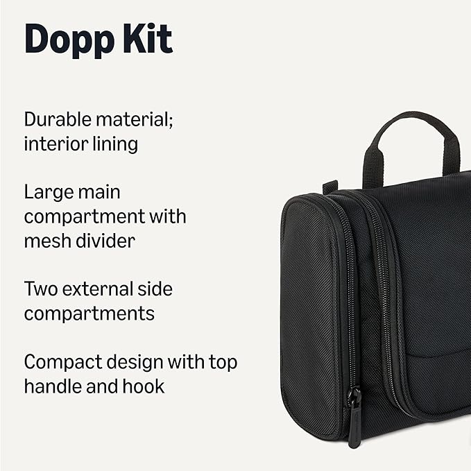 Amazon Essentials Spacious Toiletry Bag, Hanging Cosmetic Dopp Kit with Multiple Compartments, Durable 1680D Polyester, Large Capacity Storage, Compact Design, Black (Previously Amazon Basics)