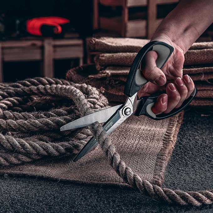 LIVINGO Heavy Duty Industrial Scissors: 10" Utility Stainless Steel Sharp Scissors all Purpose Premium Titanium Coating Forged Shop Shears for Household Pruning, Gardening, Construction, Black & Grey