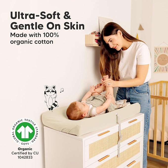2-Pack Organic Changing Pad Covers for Girl, Boy, Neutral - 100% Cotton Changing Table Pad Cover, Soft Baby Nursery Diaper Changing Pad Sheets, Contour Changing Pads Liners, Change Pad Cover (Cameo)
