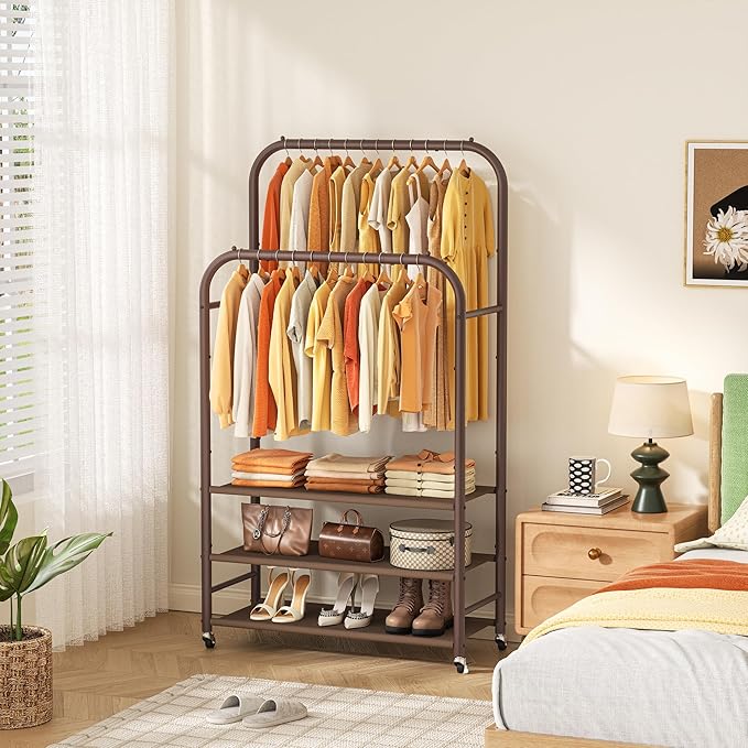 HOMIDEC Double Rods Clothes Rack Clothing Rack with 3 Tier Storage Shelves Clothes Rack for Hanging Clothes Multifunctional Heavy Duty Clothes Organizer for Bedroom,Wardrobe Closet,Shop,Brown