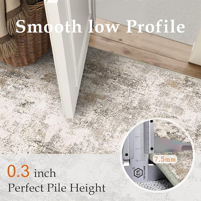 3x12 Washable Runner Rug Brown Grey Abstract Hallway Kitchen Throw Rug Neutral Modern Non Slip Soft Low Pile Carpet for Bathroom Laundry Bedroom Living Room