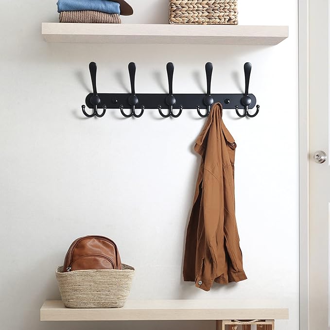 Dseap Coat Rack Wall Mounted - 5 Tri Hooks, Heavy Duty, Stainless Steel, Metal Coat Hook Rail for Coat Hat Towel Purse Robes Mudroom Bathroom Entryway (Black, 2 Packs)
