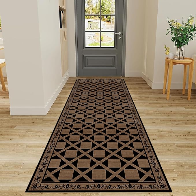 Minimalist Checkered Runner Rug, 4x12ft, Brown Checkerboard Floor Mat, Floral Print Hallway Kitchen Runners Rugs, Washable Breathable Reduce Noise Room Decor Carpet for Bedroom Foyer