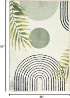 RoomTalks Boho Green Cute 3x5 Small Area Rugs Washable, Modern Abstract Geometric Shape with Tropical Leaves Non Slip Throw Rugs for Bedroom Kitchen Entryway Indoor Doormat Stain Resistant
