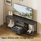 JARHETUN TV Stand with Fabric Drawer, Entertainment Center for 50 55 Inch TV, Industrial TV Console Table with Open Storage Shelves for Living Room, Bedroom, Black