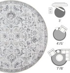 jinchan Kalen Round Rug 6ft Area Rug Washable Vintage Indoor Retro Floor Cover Distressed Gray Floral 6' Round Circle Boho Non Slip Thin Carpet for Living Room Dining Room Bedroom Kitchen Grey