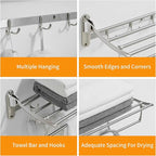 BESy 24 Inch Brushed Nickel Towel Racks, Bathroom Towel Shelf with Foldable Towel Bar Holder and Towel Hooks, Wall Mounted Multifunctional Bathroom Accessories, Double Towel Bars