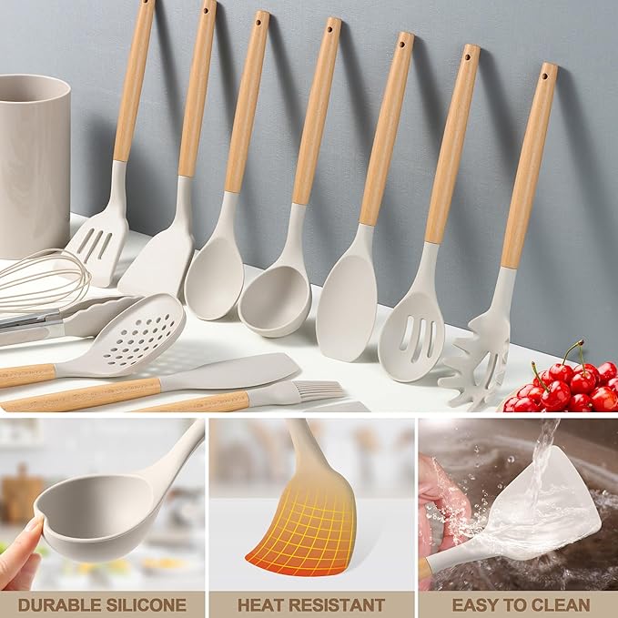 LIANYU 15-Piece Kitchen Cooking Utensils Set with Holder, Silicone Cooking Utensils Include Spatula Tong Slotted Spoon Turner Whisk Brush, Wooden Handle Kitchen Tools for Nonstick Cookware, Khaki