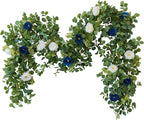 PARTY JOY 2pcs 6.56ft Eucalyptus Garland with Flowers-8 Blue White Roses, Artificial Fake Flowers Greenery Garland Floral Vines for Decoration Party Wedding Table Indoor Outdoor Backdrop Wall Decor