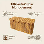 Scalloped Handwoven Rattan Cable Management Basket, 2 Open Slots Plastic Wicker Cord Hider Box for TV Wires Computer Router USB Hub Strip