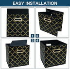 Fabric storage bins Cubes, Fabric Cube Organizer with Handle, Foldable Cube Bins for Cloth or Accessary Storage, 11x11x11, Set of 3, (Black Gold)