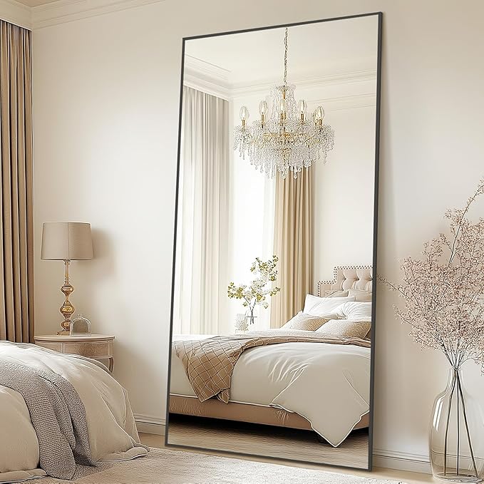 76"X34" Large Floor Mirror Full Length with Stand, Oversized Black Free Standing Full Length Mirror for Bedroom Living Room Home Gym, Rectangular Full Body Mirror, Tempered Glass