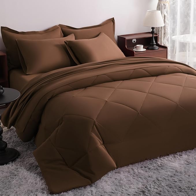 NTBAY King Comforter Set with Sheets, 7 Pieces Soft and Breathable King Bedding Set, Bed in a Bag, Down Alternative Comforter Set Solid Color All Season, King Bedding Set, Brown