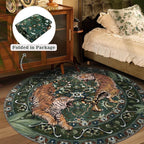 Round Tiger Area Rugs for Living Room 5ft, Boho Green Animal Print Bedroom Circle Rugs Non Slip, Washable Botanical Jungle Floor Carpet for Dining Room Entryway Nursery Playroom Office