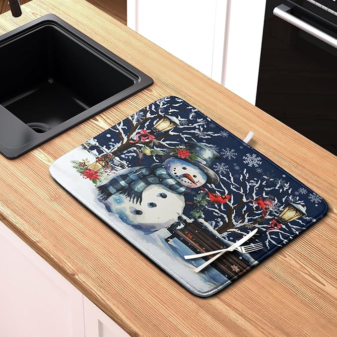 Winter Snowman Dish Drying Mat for Kitchen Counter 16x18, Xmas Snowflakes Dish Drainer Mat Snowy Night Drying Kitchen Mats Cardinal Birld Dish Pad Absorbent Reversible Coffee Mats for Dishes