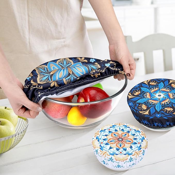 5 Pieces Bowl Covers Reusable, 5 Size Elastic Cloth Bowl Covers for Bread Proofing Stretch Food Covers Washable for Food Fruits Leftover (Lozenge Floral)