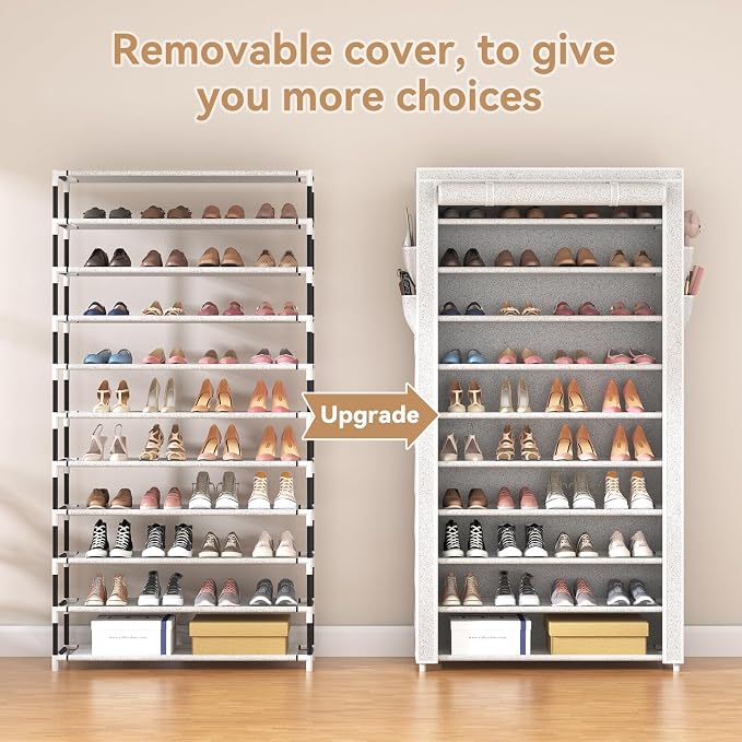 ROJASOP 10 Tier Shoe Rack with Covers Large Capacity Stackable Tall Shoe Shelf
